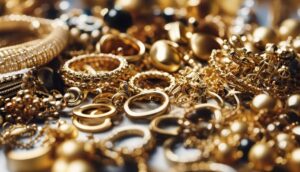 A jeweler carefully examining a gold ring with a magnifying loupe and small tools on a workbench.